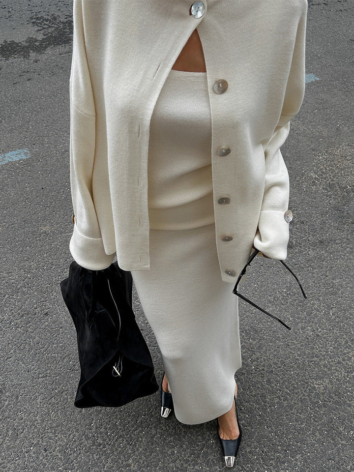 Drune | Gestricktes Langarm Strickjacke, Top und Rock Drei Teile Satz