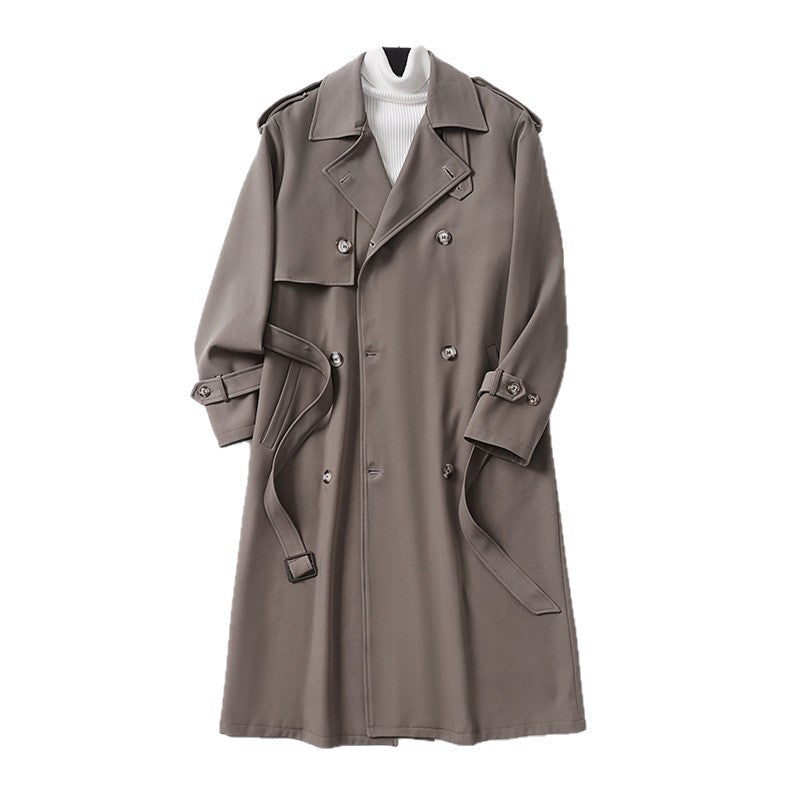 Herren Zeitloser Doppelreihiger Trenchcoat mit Taillengürtel, Schulterklappen und Manschettenriemen Drune