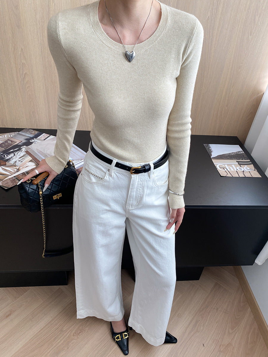Damen figurbetontes Rippenshirt mit Rundhalsausschnitt und langem Arm Drune