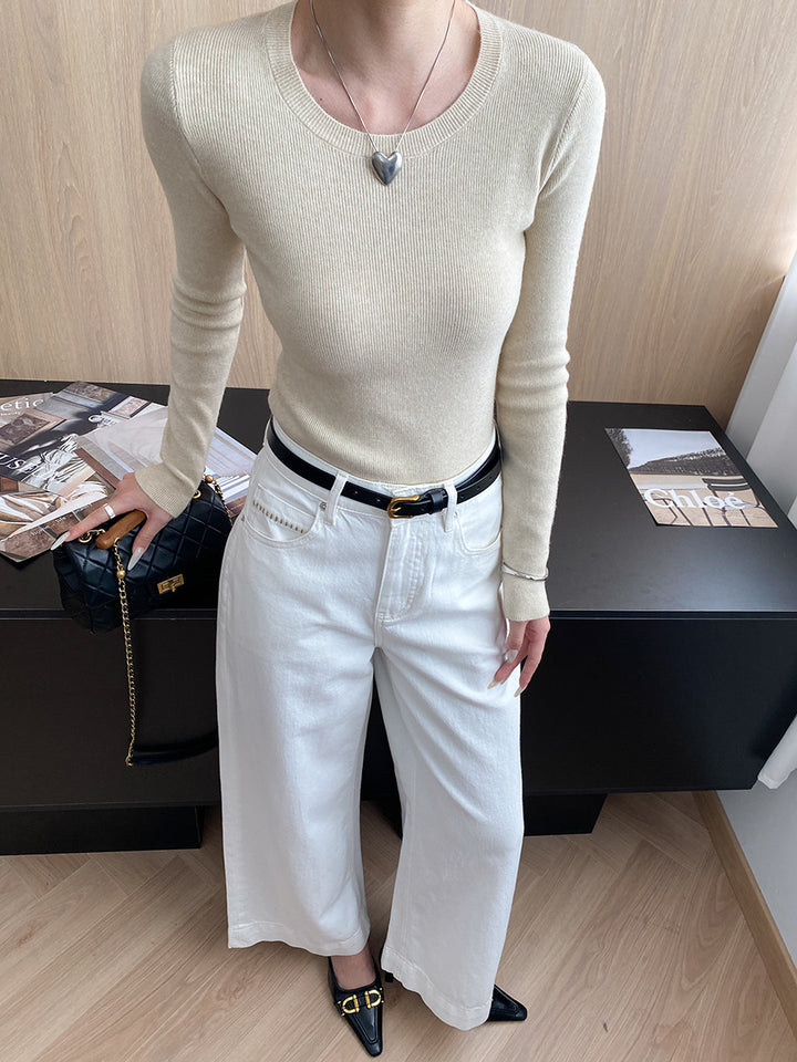 Damen figurbetontes Rippenshirt mit Rundhalsausschnitt und langem Arm Drune