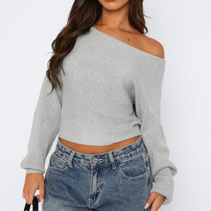 Damen lässiger Crop-Pullover mit asymmetrischem Ausschnitt und Rippstruktur Drune