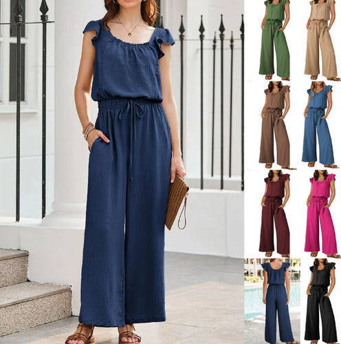 Damen Crinkle-Overall mit weitem Bein, elastischem Taillenbund und Rüschenärmeln Drune