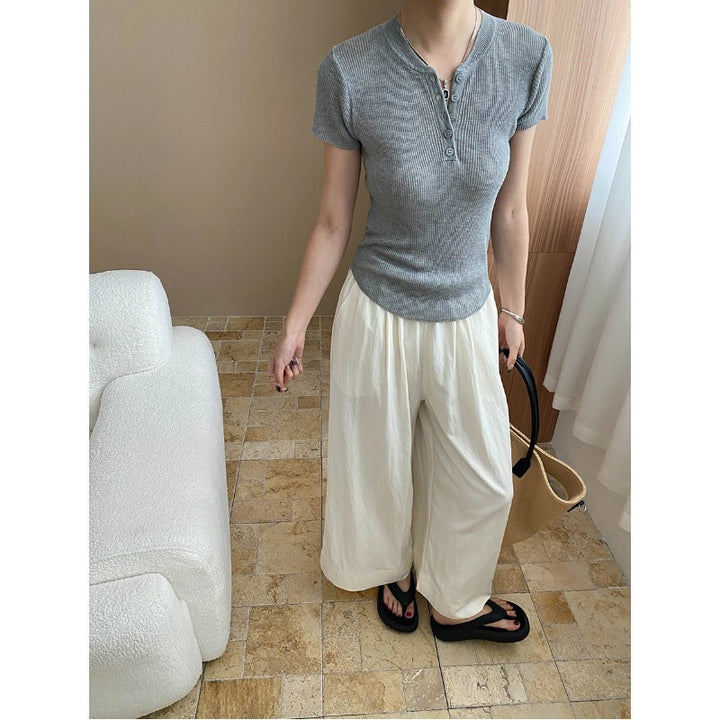 Damen Kurzarm Henley-Oberteil aus ribbed Baumwolle mit Knopfleiste Drune