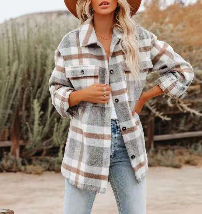 Damen Lässige Karierte Overshirt Jacke Drune