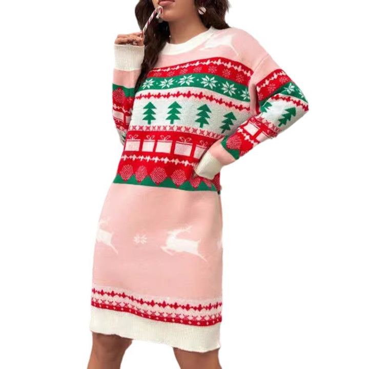 Damen Winter-Strickkleid mit festlichem Weihnachtsmotiv und langem Schnitt Drune