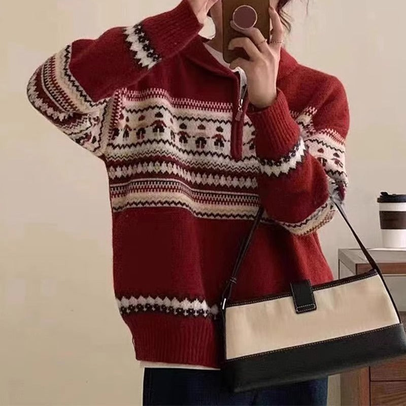 Damen Grobstrickpullover mit hohem Kragen und dekorativem Norweger-Muster Drune