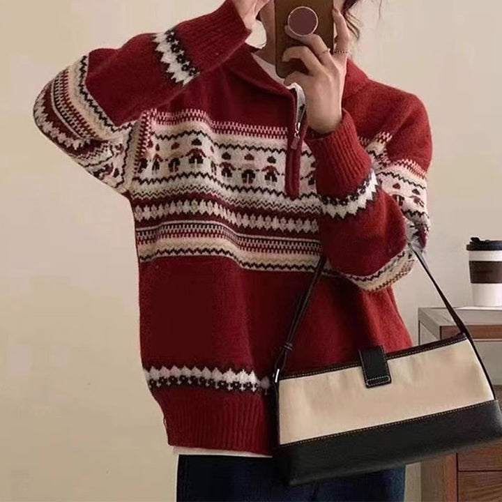 Damen Grobstrickpullover mit hohem Kragen und dekorativem Norweger-Muster Drune