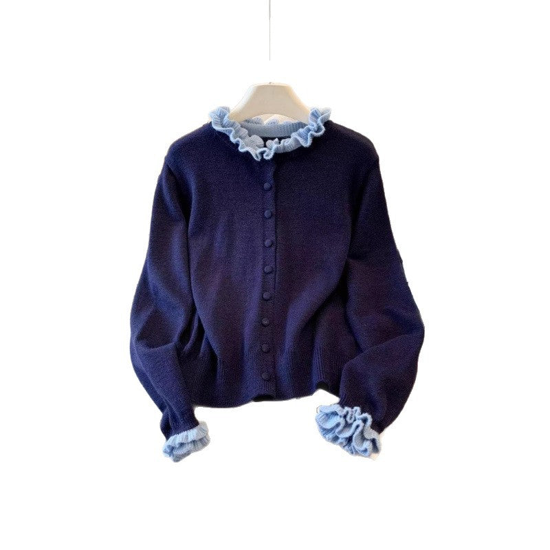 Damen Strickjacke mit Rüschenkragen und Knopfdetails Drune