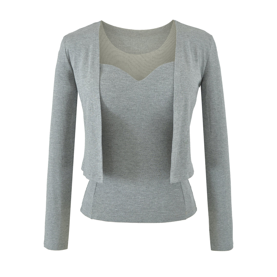 Damen Zweiteiliges Feinstrick-Top-Set mit Mesh-Einsatz und offenem Cardigan Drune