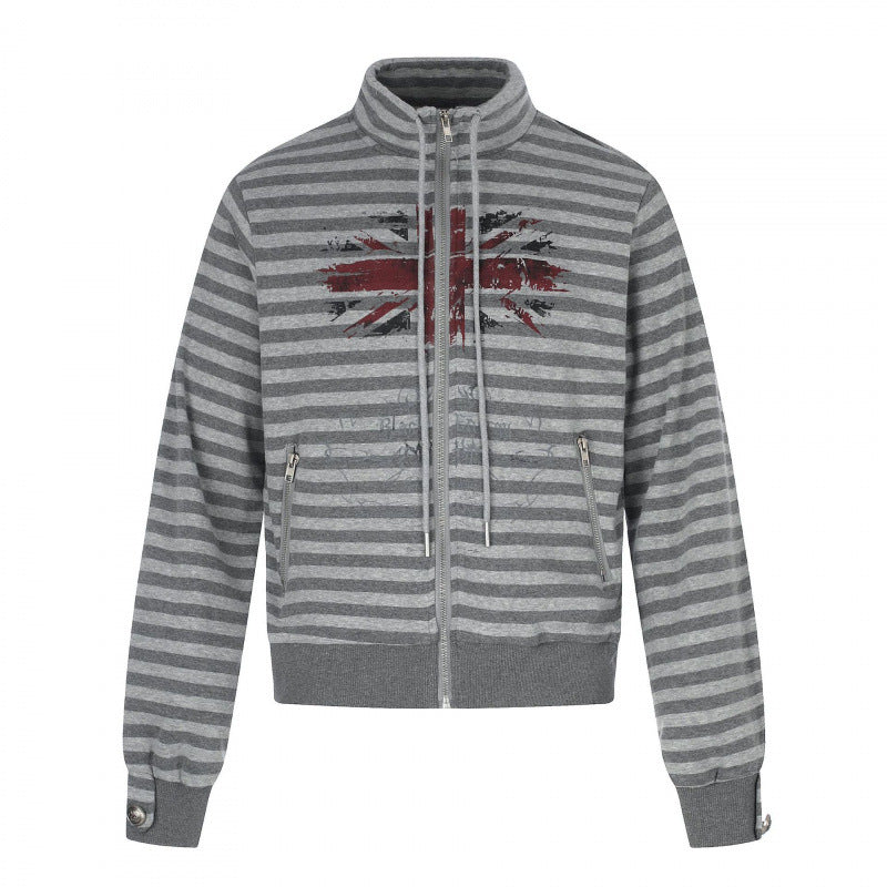 Unisex Gestreifter Zip-Hoodie mit Troyerkragen, Brust-Print und Reißverschlusstaschen Drune