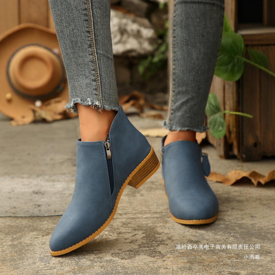 Damen Kurzschaftstiefelette mit seitlichem Reißverschluss und niedrigem Blockabsatz Drune