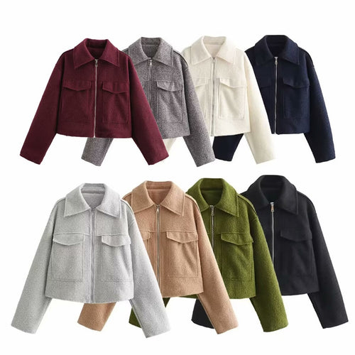 Damen Boxy-Cropped-Jacke aus Bouclé‑Wollmix mit Hemdkragen und aufgesetzten Pattentaschen Drune