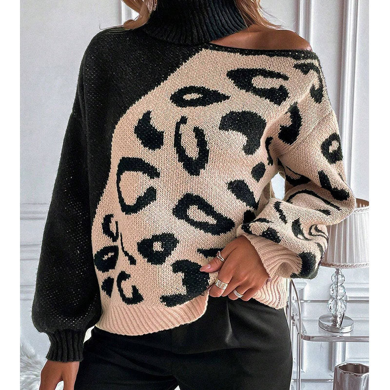 Damen Strickpullover mit modischem Leopardenmuster und steigendem Kragen Drune