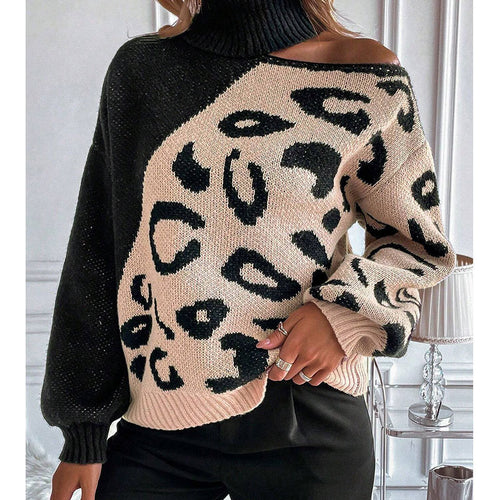 Damen Strickpullover mit modischem Leopardenmuster und steigendem Kragen Drune