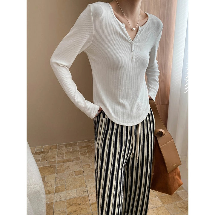 Damen Langarm-Henley-Shirt aus weichem Rippmaterial Drune