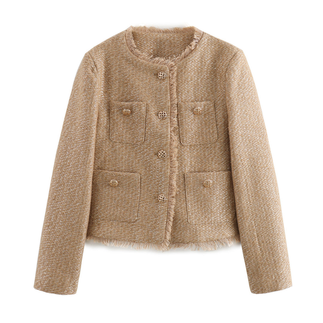 Damen nan kastiger Bouclé-Blazerjacke mit dekorativen Flechtknöpfen, aufgesetzten Taschen und fransiger Saumkante Drune