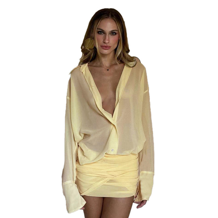 Damen Chiffon Bluse mit gerafftem Minirock Drune