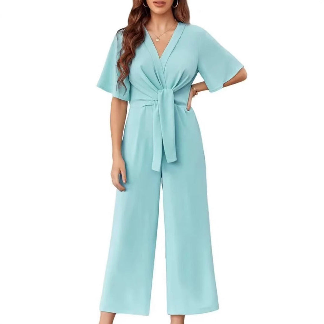 Damen eleganter Wickel-Jumpsuit mit weiten Beinen und Taillengürtel Drune