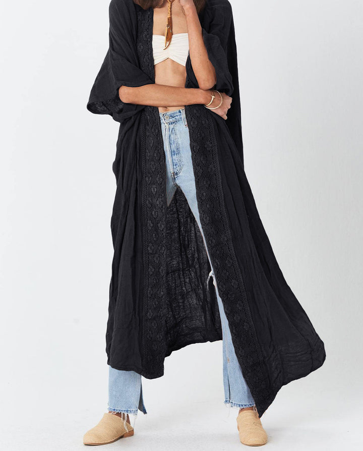Damen luftiger Kaftan mit feiner Häkelverzierung und weitem Schnitt Drune
