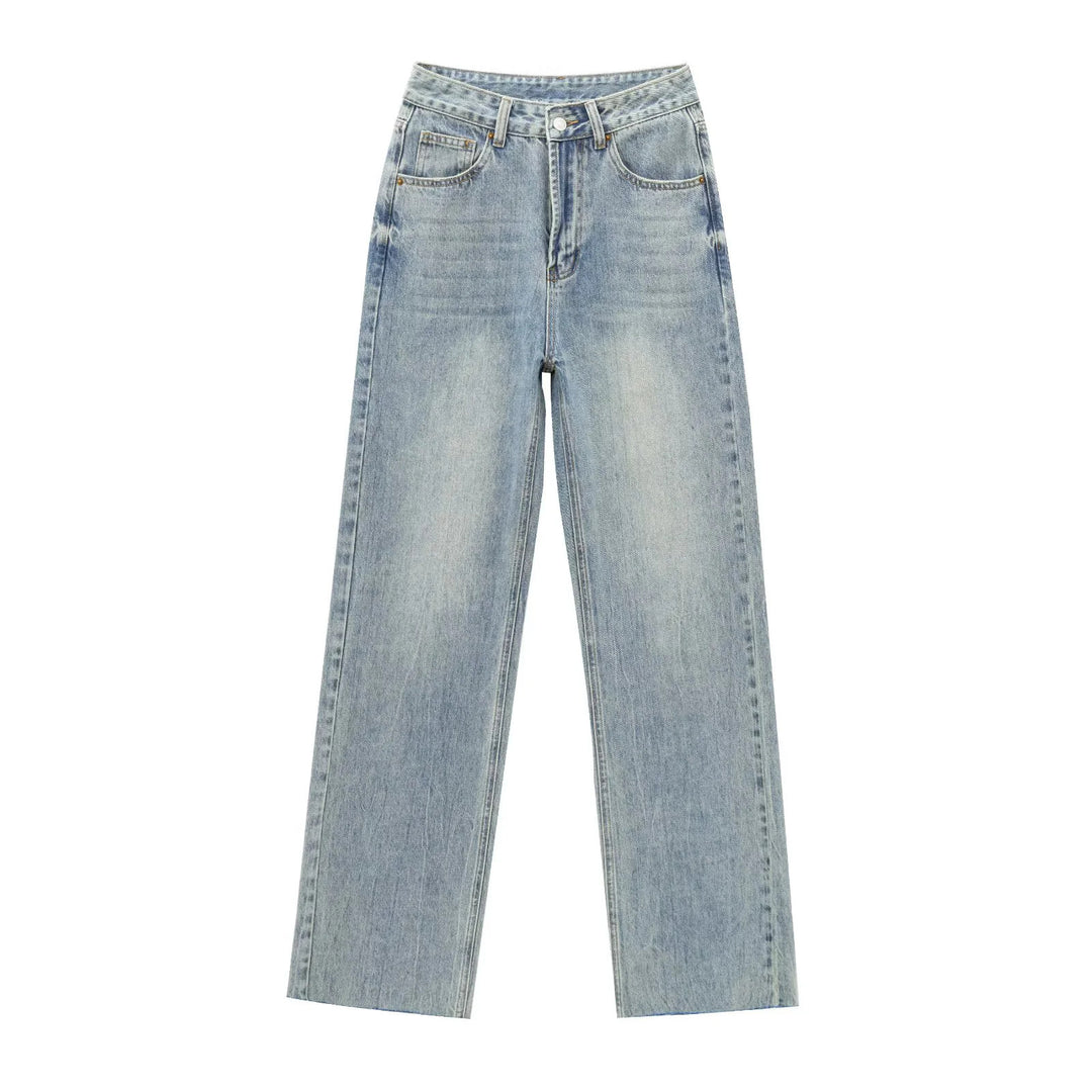 Damen nan hochgeschnittene weite Denimjeans mit geradem Bein und Fransensaum Drune