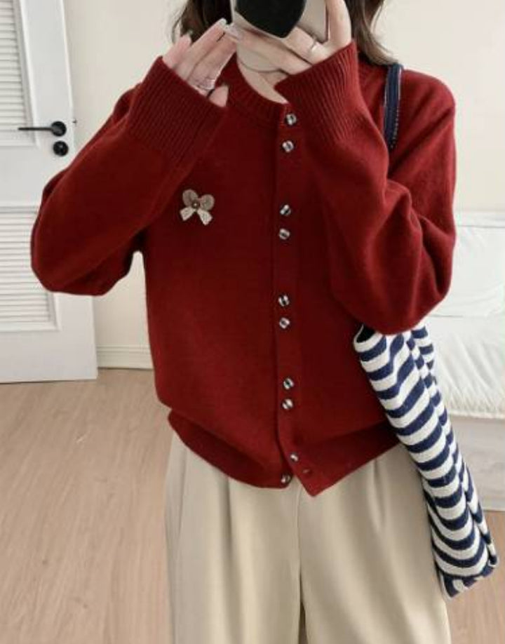 Damen gemütlicher Strickcardigan mit glänzenden Knöpfen und dekorativer Applikation Drune