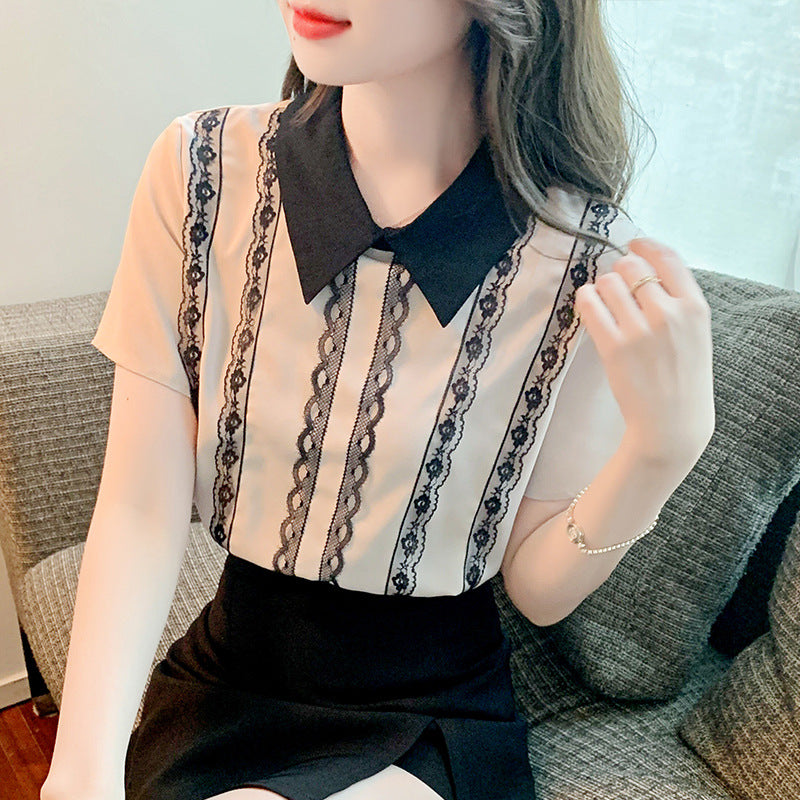 Damen Elegante Bluse mit Spitzen- und Streifenakzenten Drune