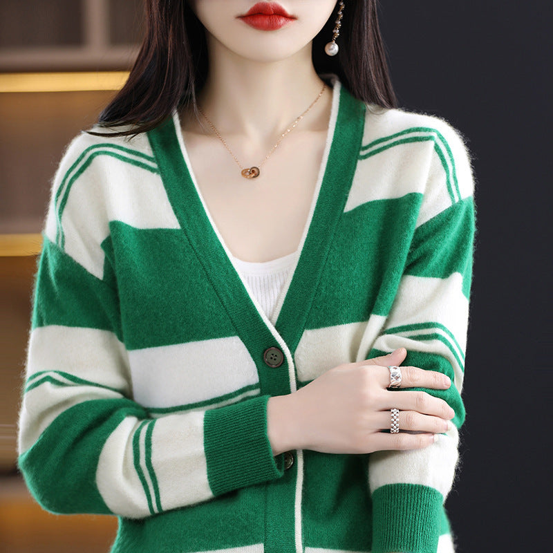 Damen Midilanger Feinstrick-Cardigan mit breiten Blockstreifen, V-Ausschnitt und gerippten Bündchen Drune