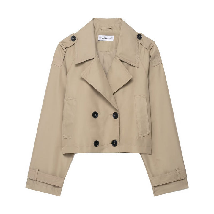 Damen Cropped Doppelreiher-Trenchjacke mit Epauletten, weiten Revers und verstellbaren Ärmelriegeln Drune