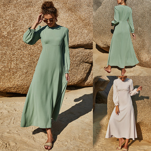 Damen Maxikleid mit eleganten Puffärmeln und hochgeschlossenem Ausschnitt Drune