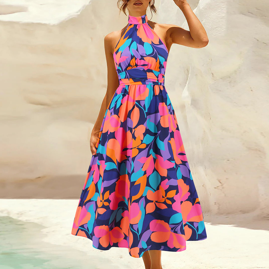 Damen Maxikleid mit hochgeschlossenem Kragen und buntem Blätterdruck Drune