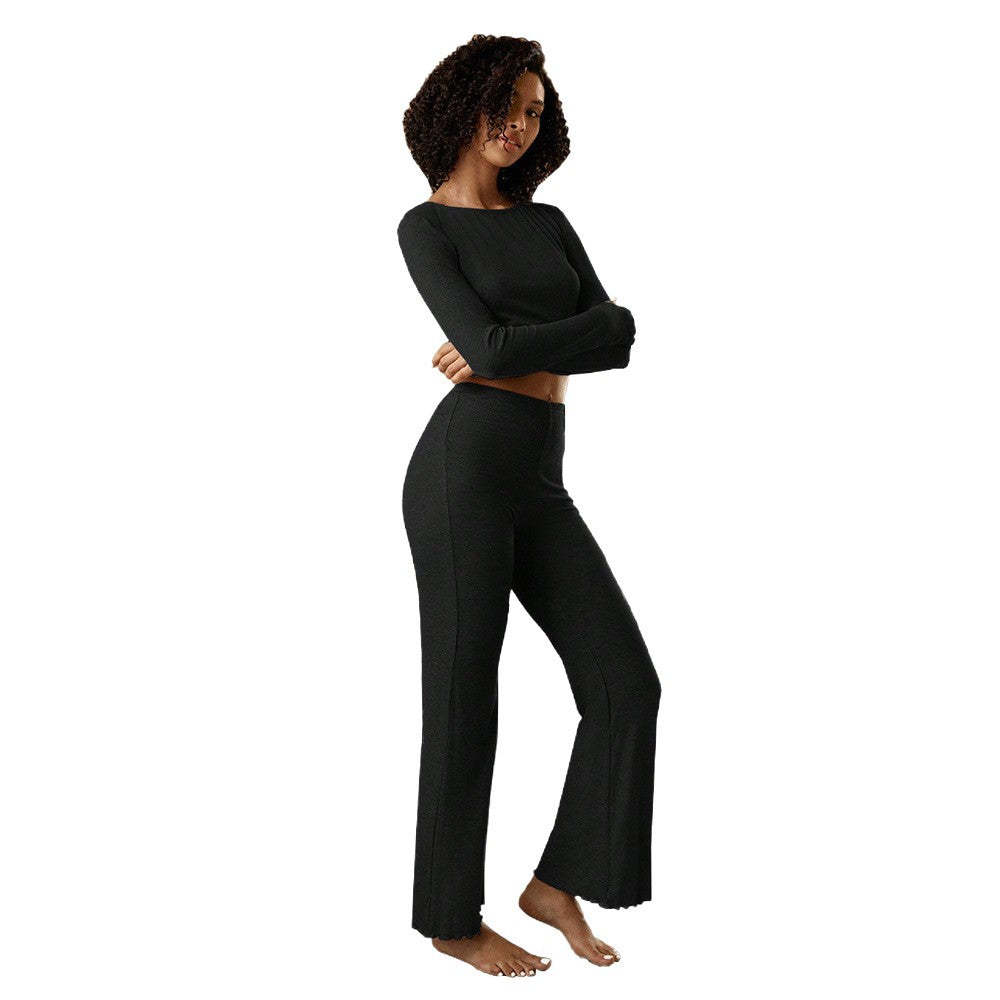 Damen geripptes Lounge-Set mit Cropped-Longsleeve und Highwaist-Leggings Drune