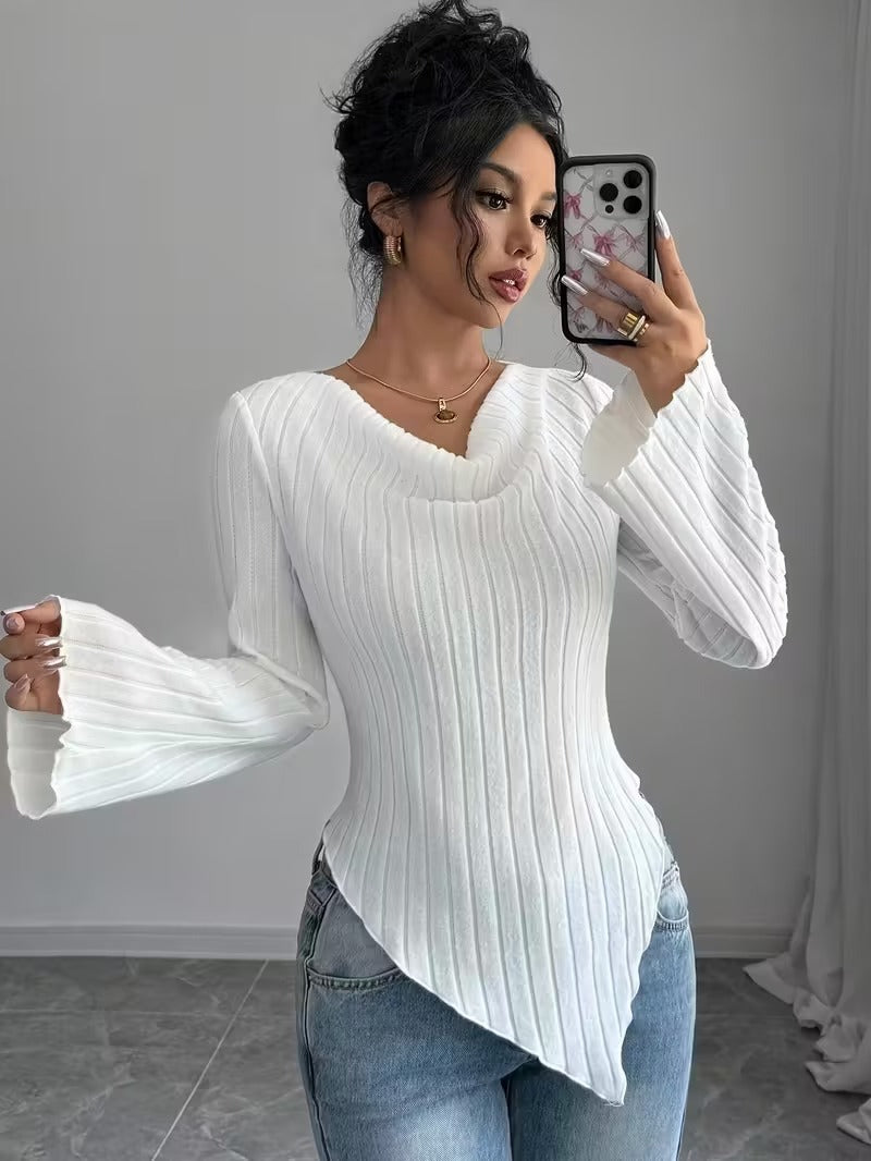 Damen Asymmetrischer Gerippter Feinstrickpullover mit V-Ausschnitt Drune