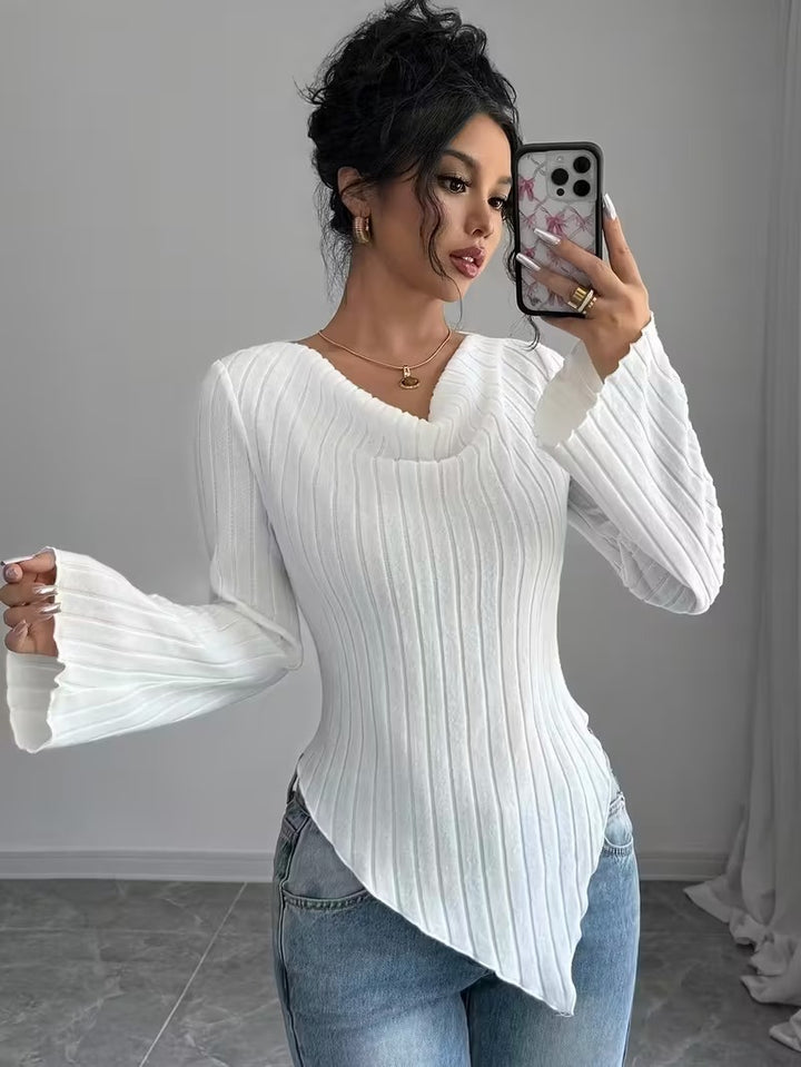 Damen Asymmetrischer Gerippter Feinstrickpullover mit V-Ausschnitt Drune