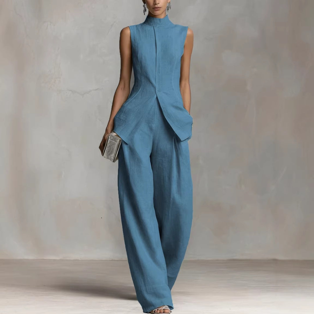Damen Eleganter Jumpsuit mit hochgeschlossenem Kragen und weitem Bein Drune