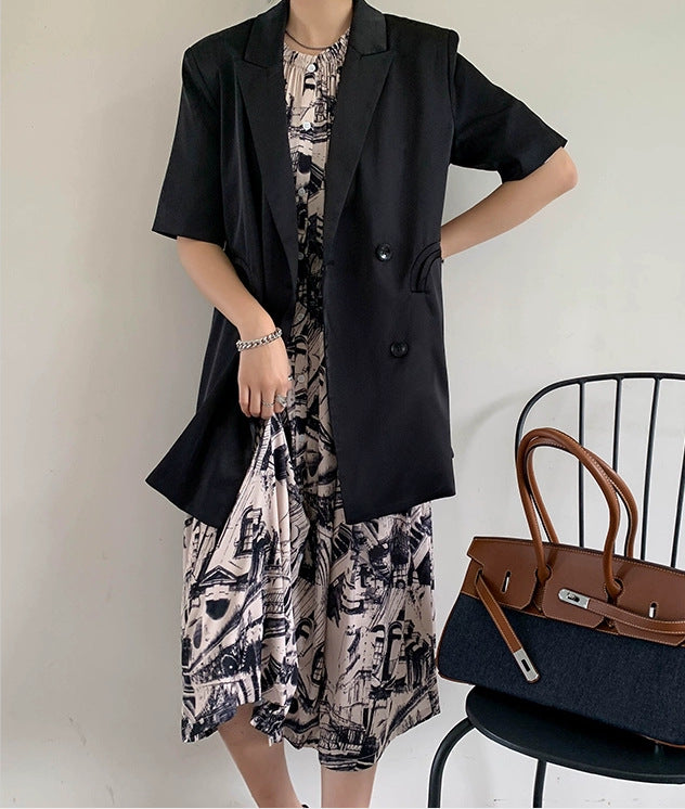Damen Eleganter Satin-Blazer mit doppelter Knopfleiste Drune