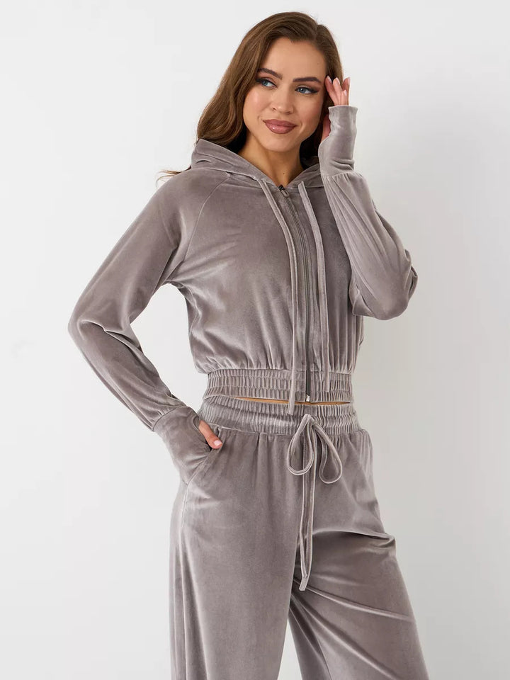 Damen luxuriöses Velours-Lounge-Set mit kurzem Reißverschluss-Hoodie und weitem Comfort-Hose Drune