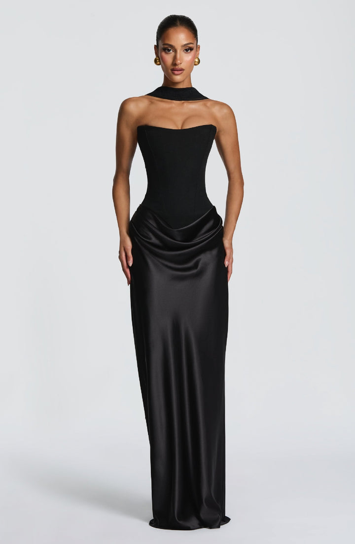 Damen Elegantes Abendkleid mit hohen Kragen und fließendem Schnitt Drune