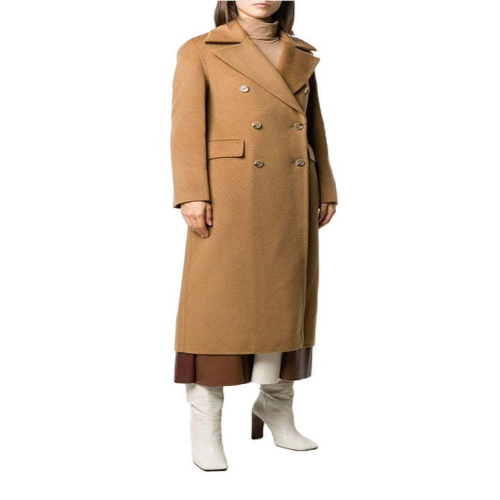 Damen Bodenlanger Zweireihiger Wollmix-Longcoat mit dezentem Gehschlitz und breitem Schalkragen Drune