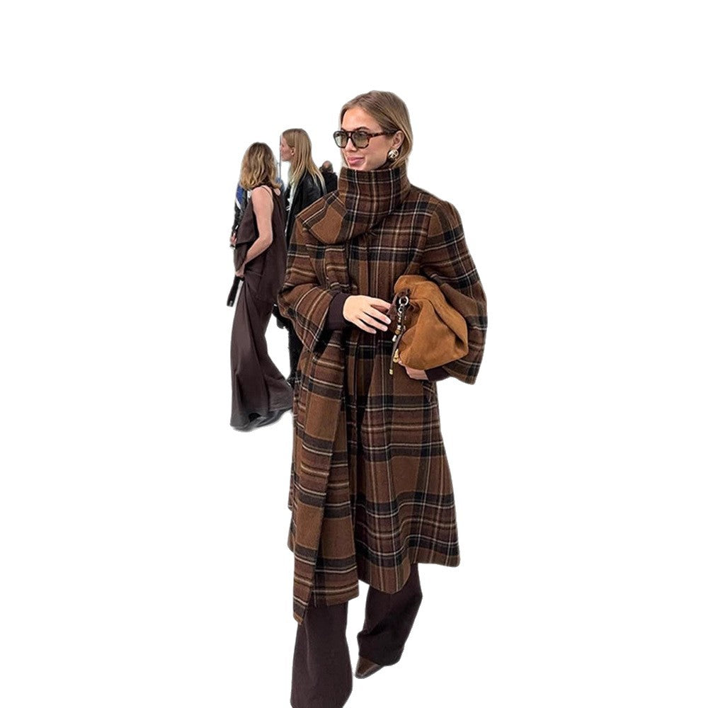 Damen Langmantel im Karo-Look aus Wollmix mit überlangem Stehkragen und Glockenärmeln Drune