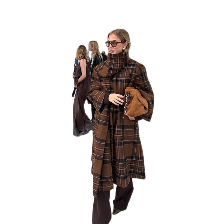 Damen Langmantel im Karo-Look aus Wollmix mit überlangem Stehkragen und Glockenärmeln Drune
