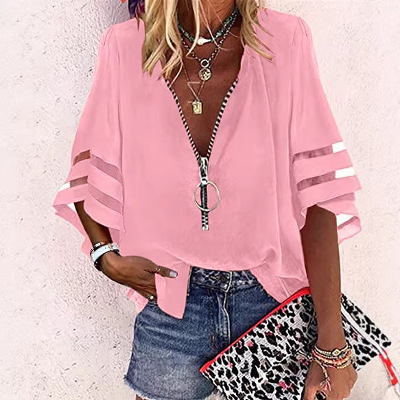 Damen V‑Ausschnitt Bluse mit dekorativem Ringreißverschluss und Cut-Out-Ärmeln Drune