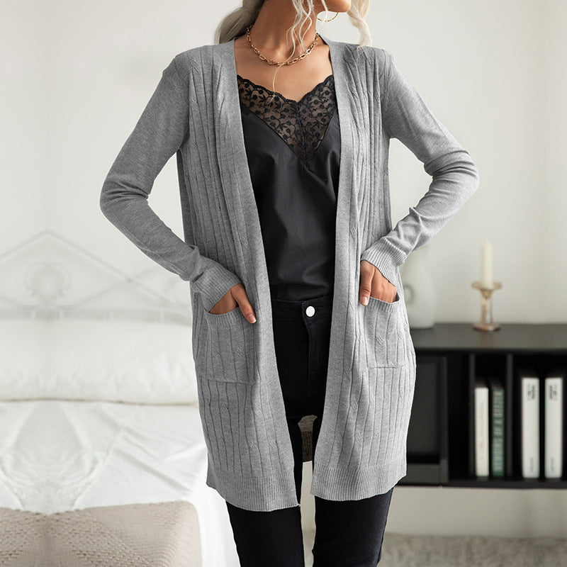 Damen Langer Feinstrick-Cardigan mit Rippenstruktur und Eingrifftaschen Drune
