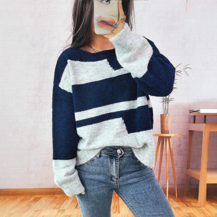 Damen Grobstrickpullover mit modischem Streifenmuster und weitem Schnitt Drune