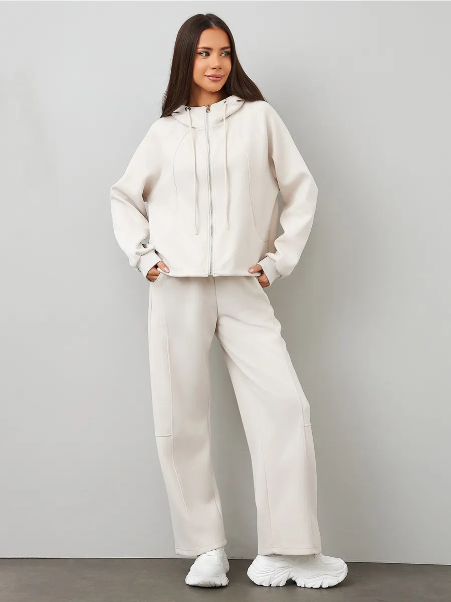 Damen Oversize-Zip-Hoodie mit Kängurutasche und hochgeschnittener Sweathose mit weiter Beinführung Set Drune