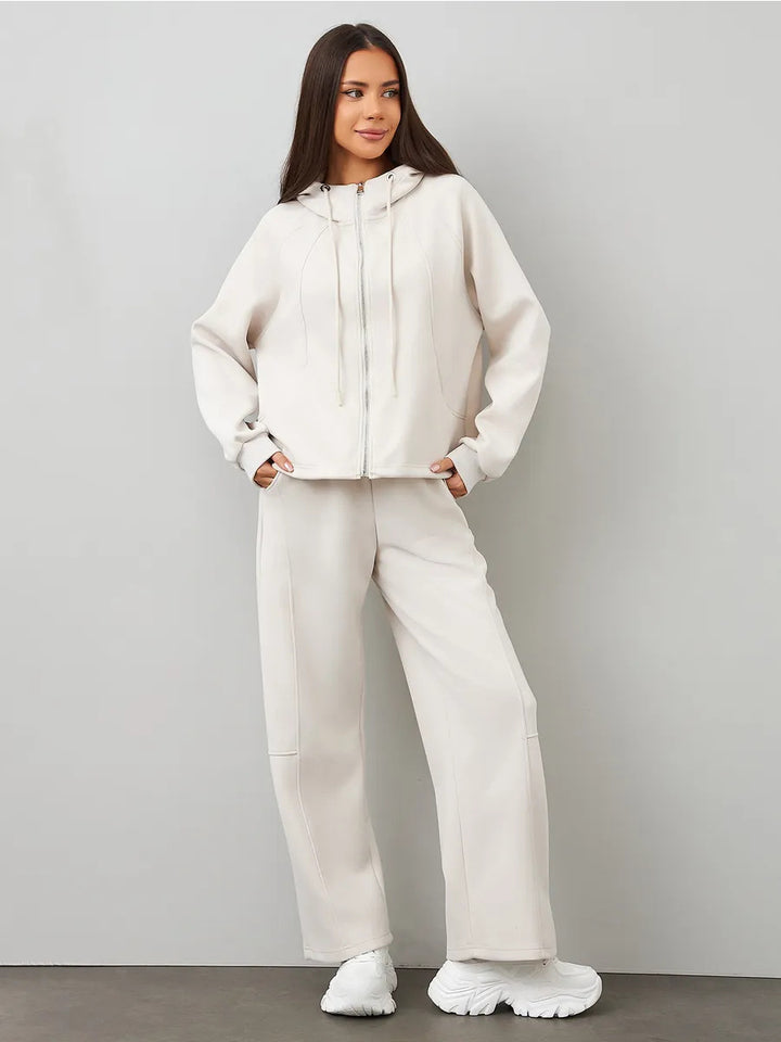 Damen Oversize-Zip-Hoodie mit Kängurutasche und hochgeschnittener Sweathose mit weiter Beinführung Set Drune