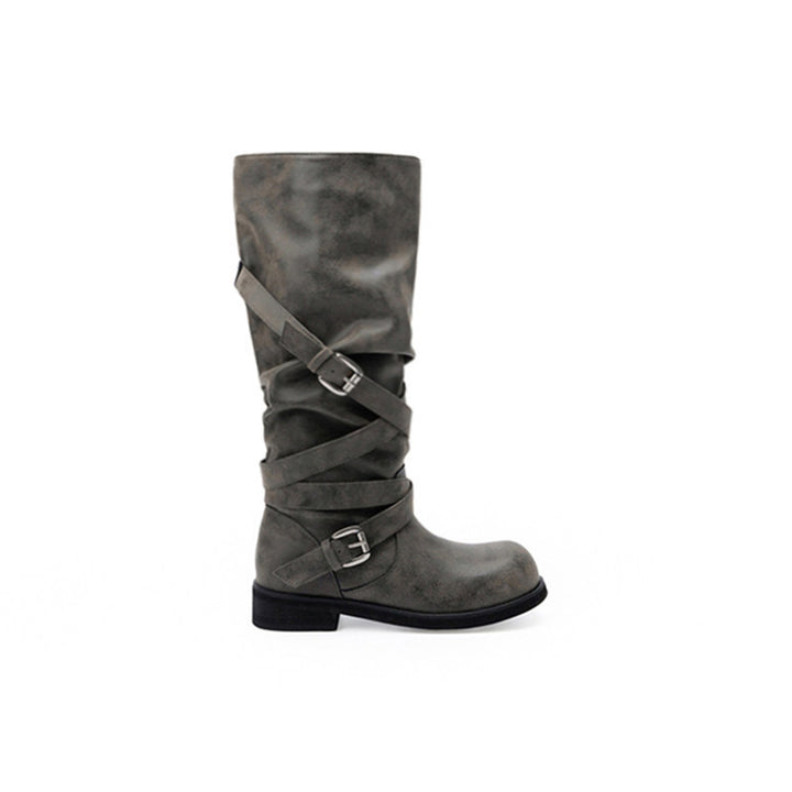 Damen Kniehohe Biker-Stiefel in Leder-Optik mit verstellbaren Schnallen Drune
