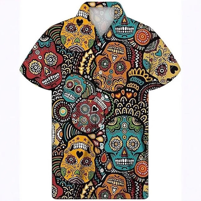 Herren Kurzarmhemd mit kreativem Totenkopf-Design und atmungsaktivem Stoff Drune