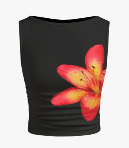 Damen ärmelloses Crop-Top mit floralem Motiv und figurbetontem Schnitt Drune
