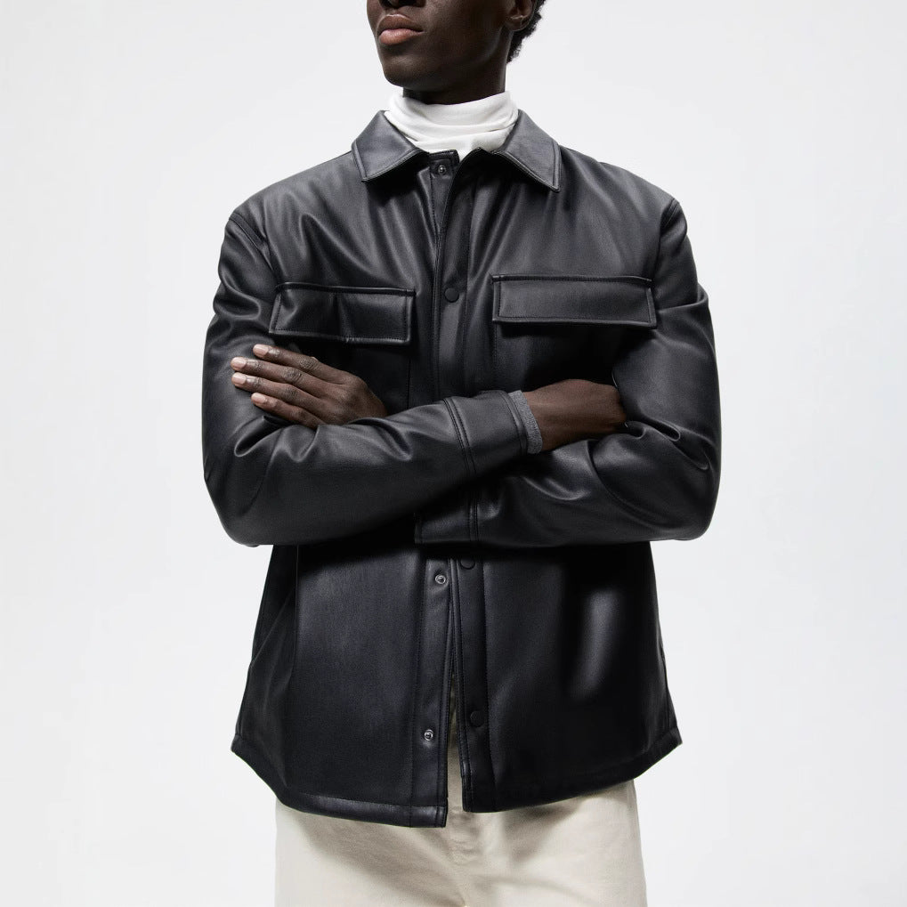 Herren Veganes Glattleder-Overshirt im Hemdjackenstil mit verdeckter Druckknopfleiste Drune