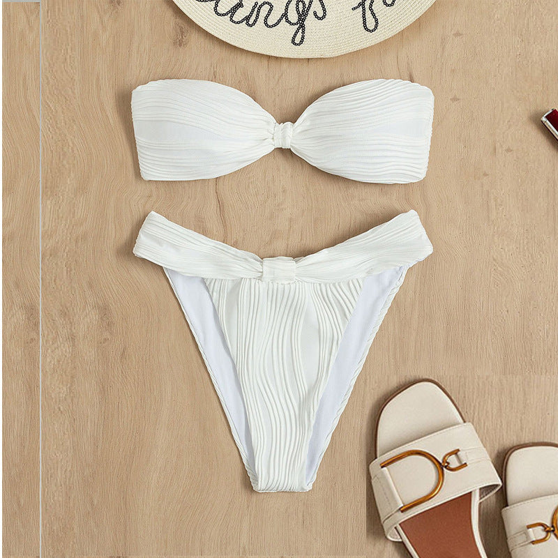 Damen Bandeau-Bikini mit modischer Raffung und hoch geschnittenem Slip Drune